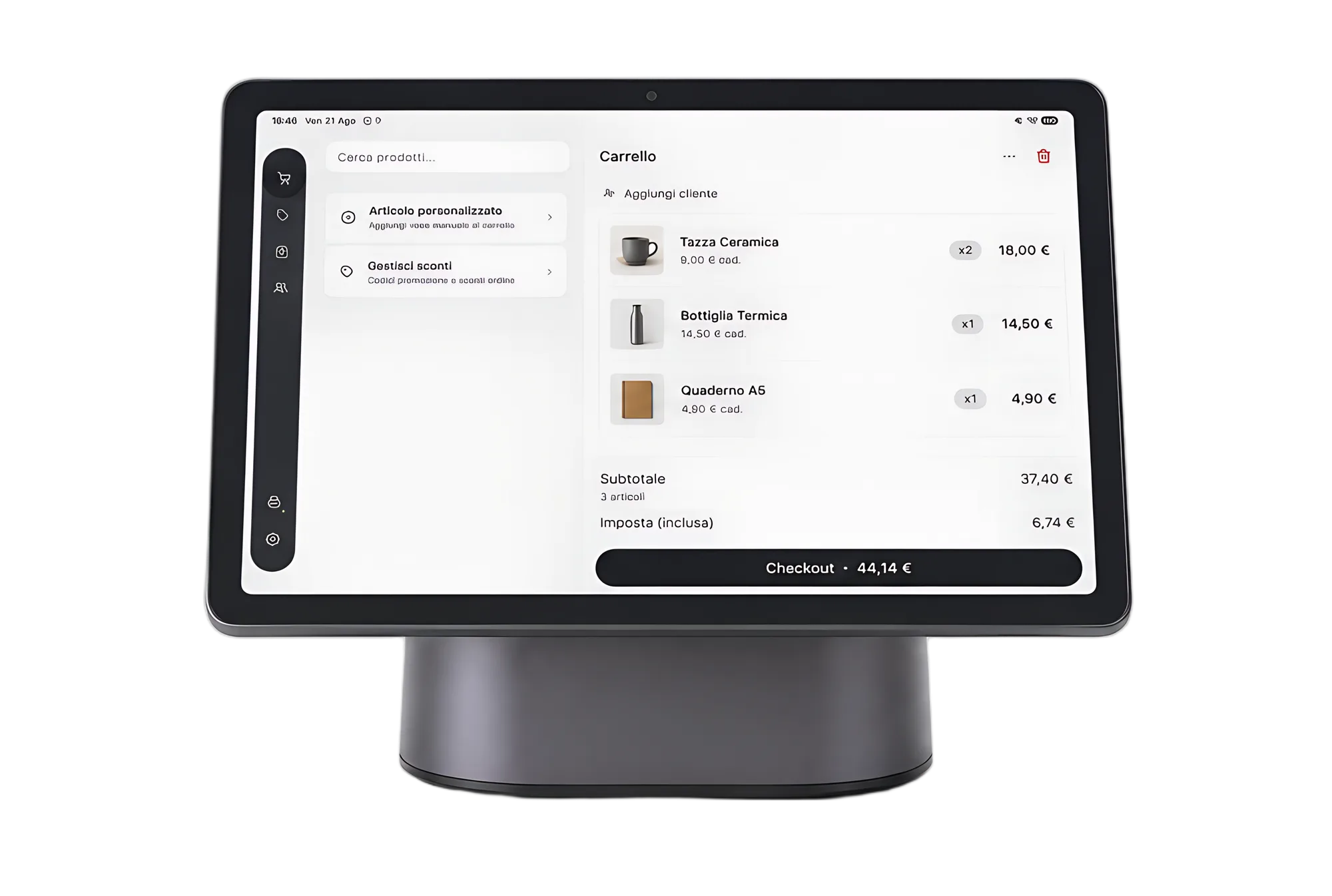 Punto cassa Polaris Retail: touch al banco con carrello, prodotti e checkout